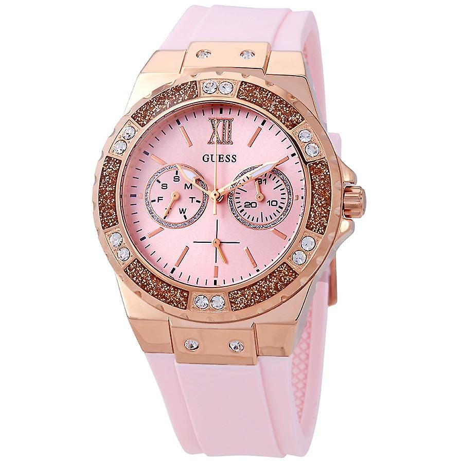 Guess Limelight watch with pink dial, rose gold case, crystal-studded bezel, and pink silicone strap