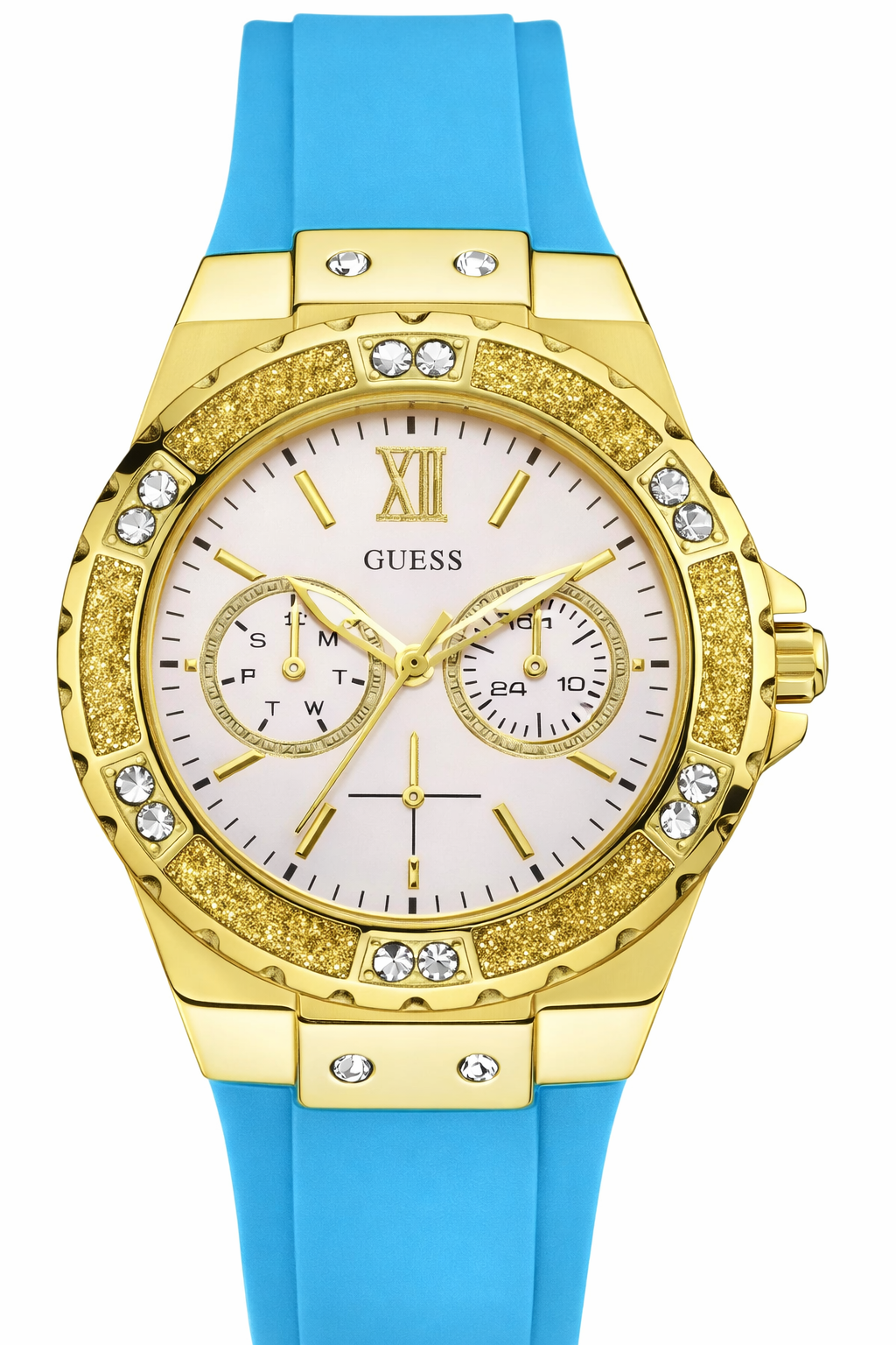Guess Limelight women's watch with white dial, gold case, crystal bezel, and light blue rubber strap