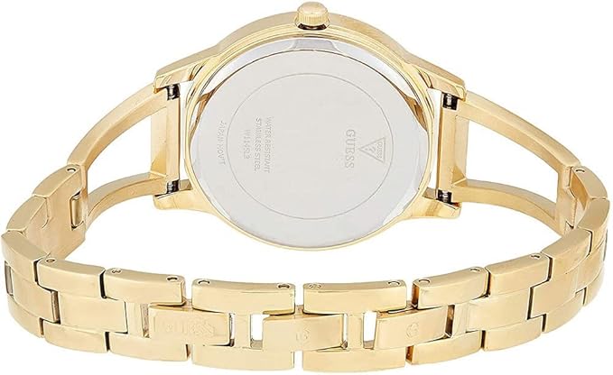 Caseback view of Guess Lola watch showing bangle strap and case construction