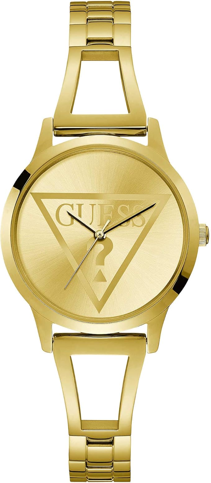 Guess Lola gold PVD-plated ladies watch with triangle logo dial and bangle bracelet