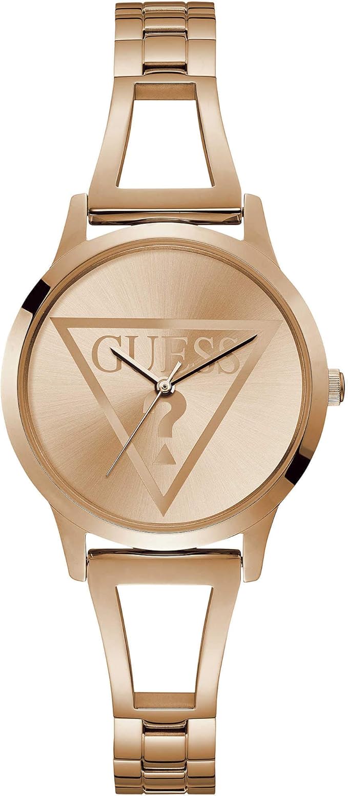 Guess Lola rose gold plated ladies watch with triangle logo dial and matching bracelet