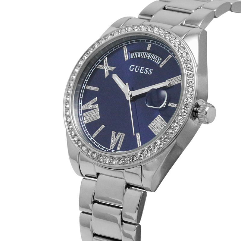 Guess Luna watch angled view showing blue dial with Roman numerals and silver bracelet