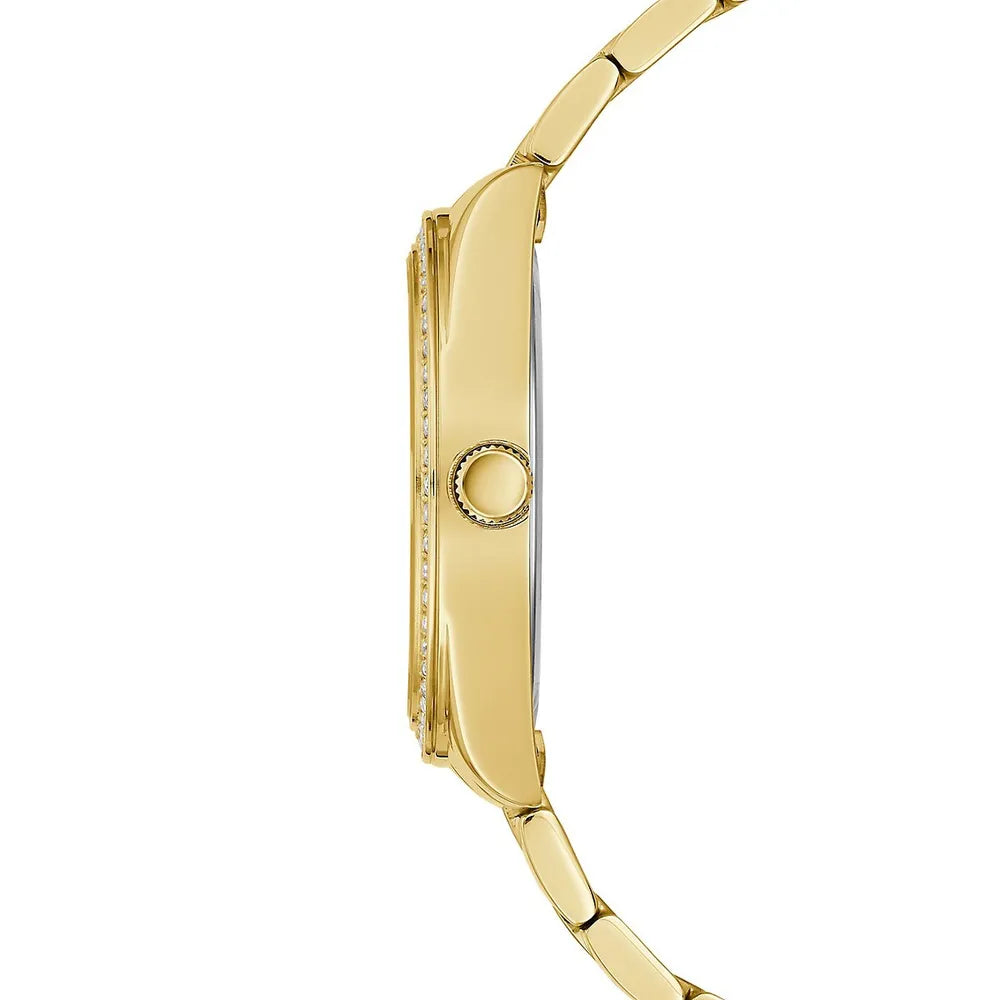 Side view of Guess Luna watch showing gold tone case profile and bracelet