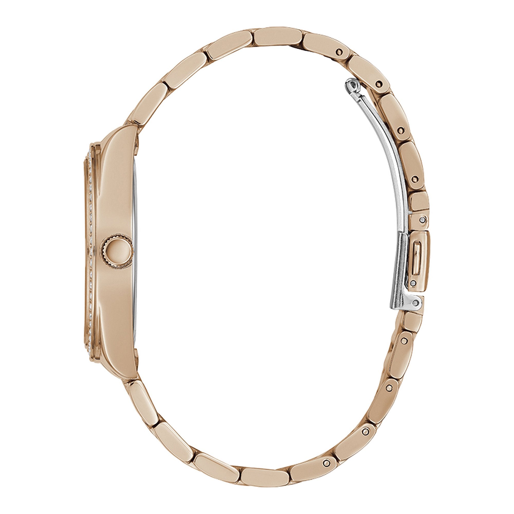 Guess Luna watch side profile showing rose gold case and bracelet