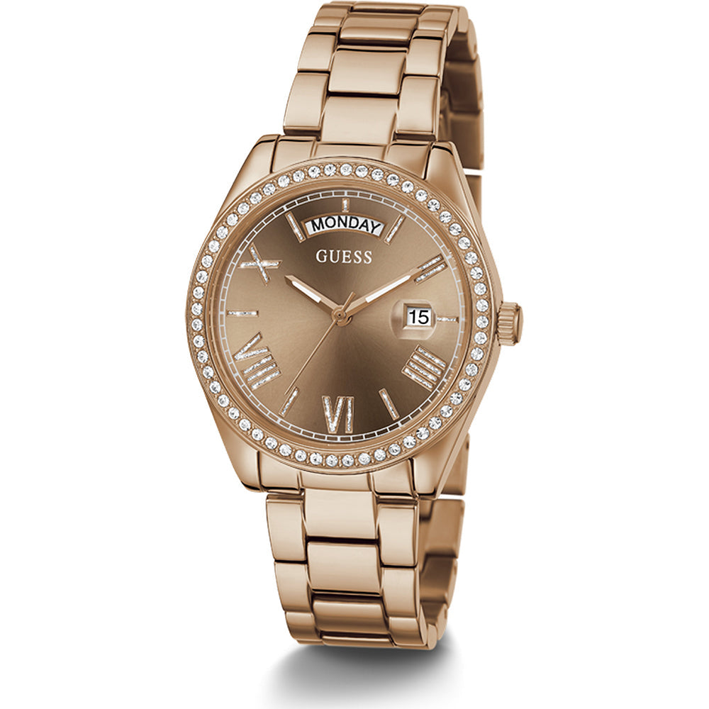 Guess Luna rose gold women's watch with crystal bezel and Roman numeral dial