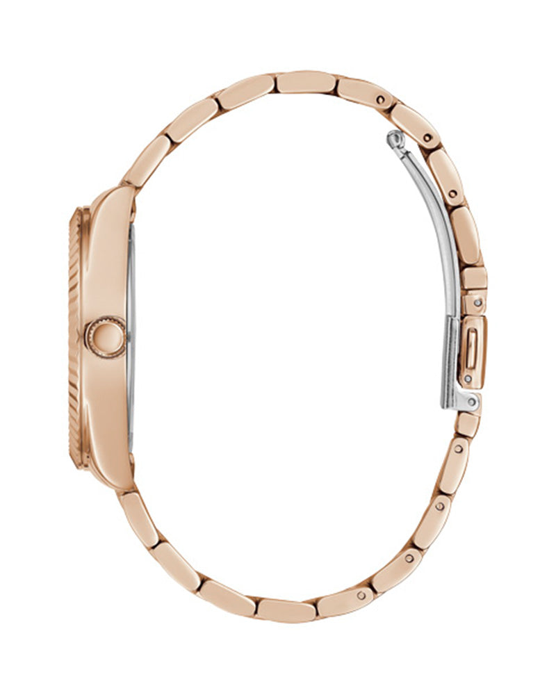 Side profile of Guess Luna rose gold watch showing case depth and bracelet clasp