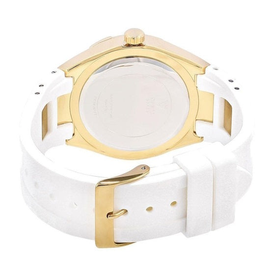 Back view of Guess Luna watch with white rubber strap and gold hardware