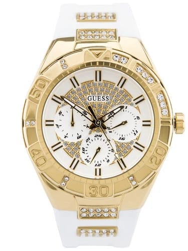 Guess Luna gold women's watch with white rubber strap and crystal-accented dial