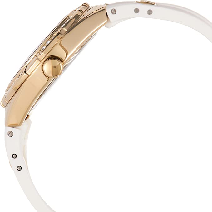 Side view of Guess Luna watch showing gold case and white rubber strap