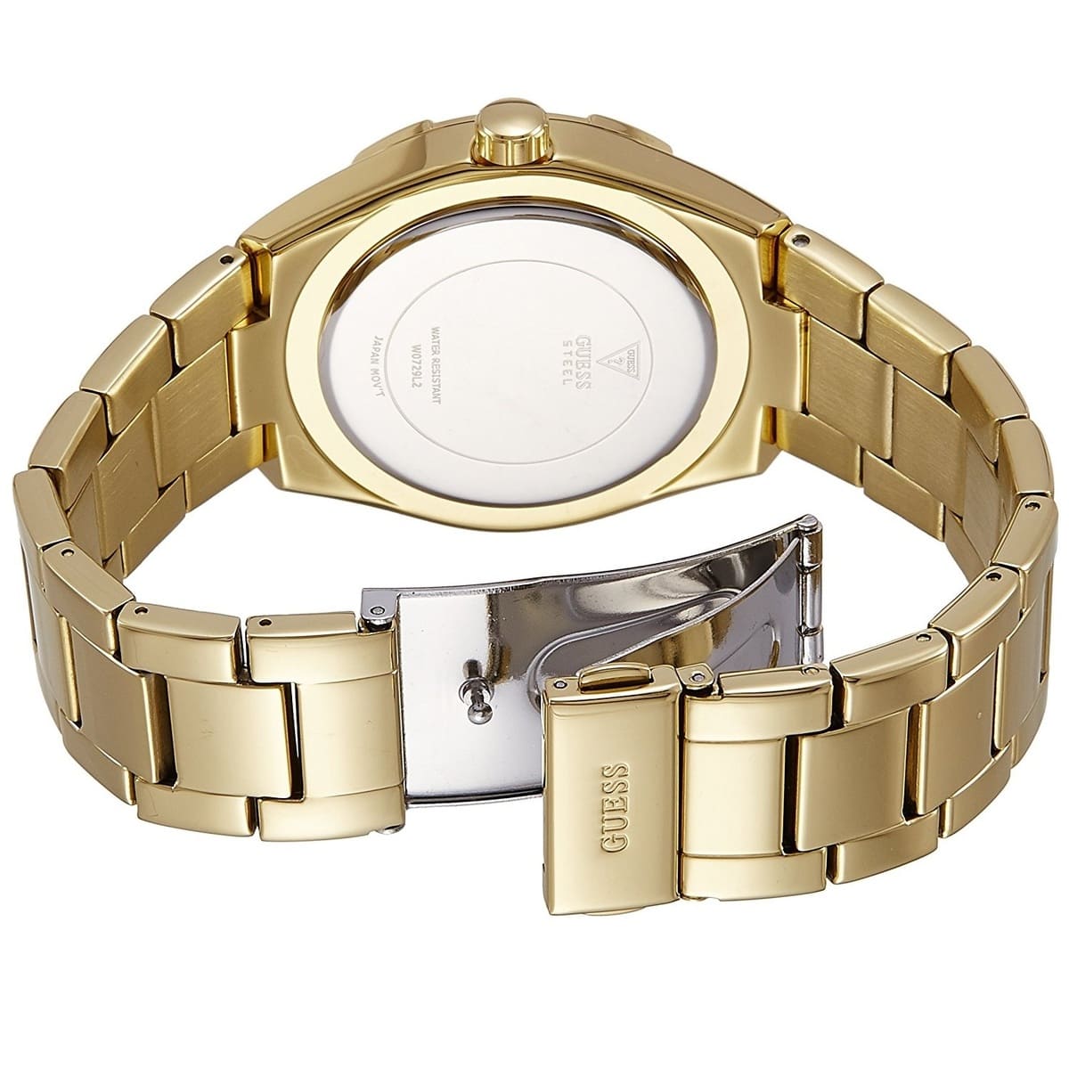 Case back of Guess Luna W0729L2 showing gold tone metal with Guess branding
