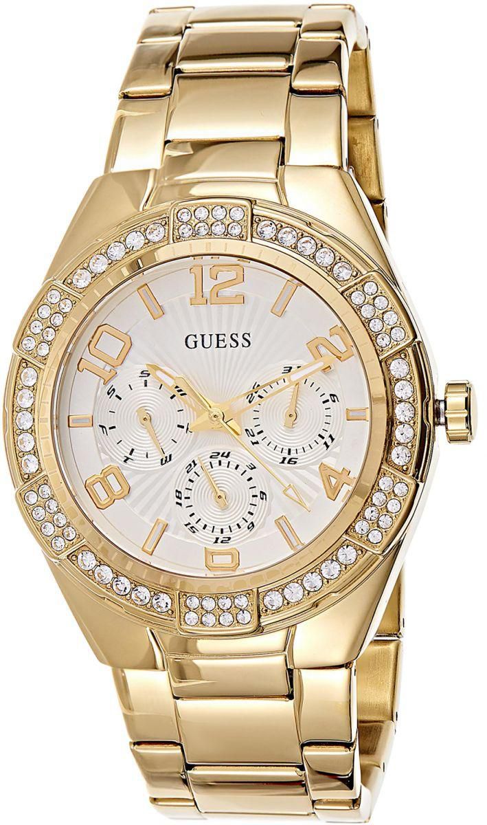 Guess Luna gold tone women's watch with crystal bezel, white dial, and gold link bracelet