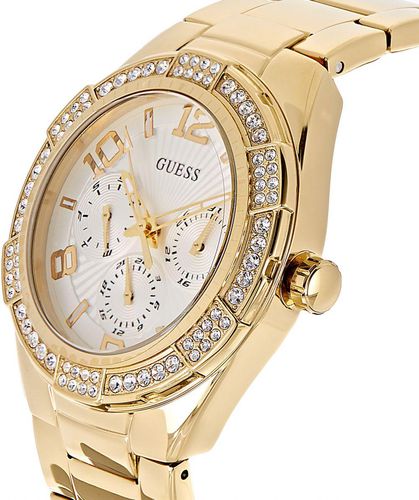 Side angle view of Guess Luna W0729L2 gold watch with crystal-set bezel