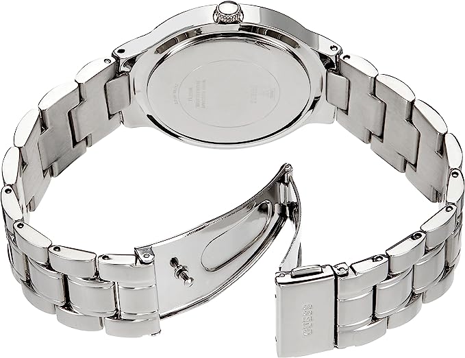 Caseback view of Guess Madison watch with stainless steel bracelet