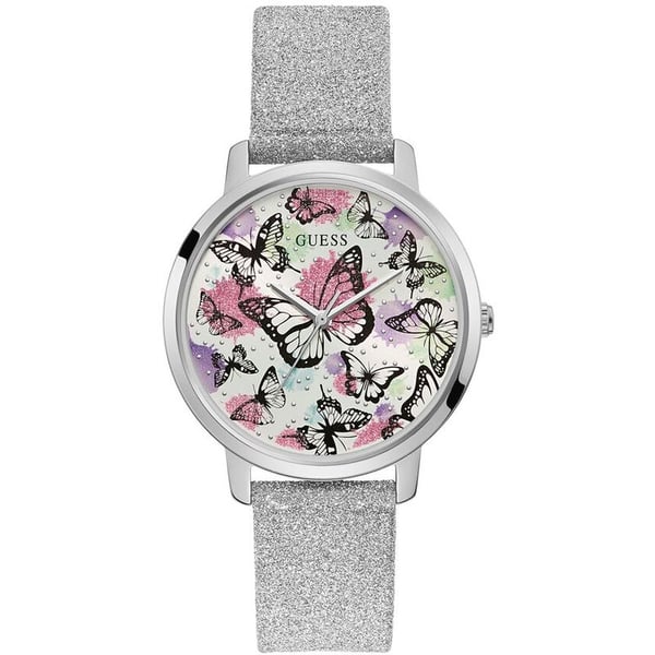 Guess Mariposa silver women's watch with butterfly print dial and glitter leather strap