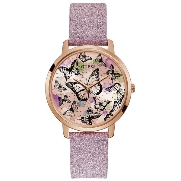 Guess Mariposa women's watch with pink glitter strap and butterfly dial design