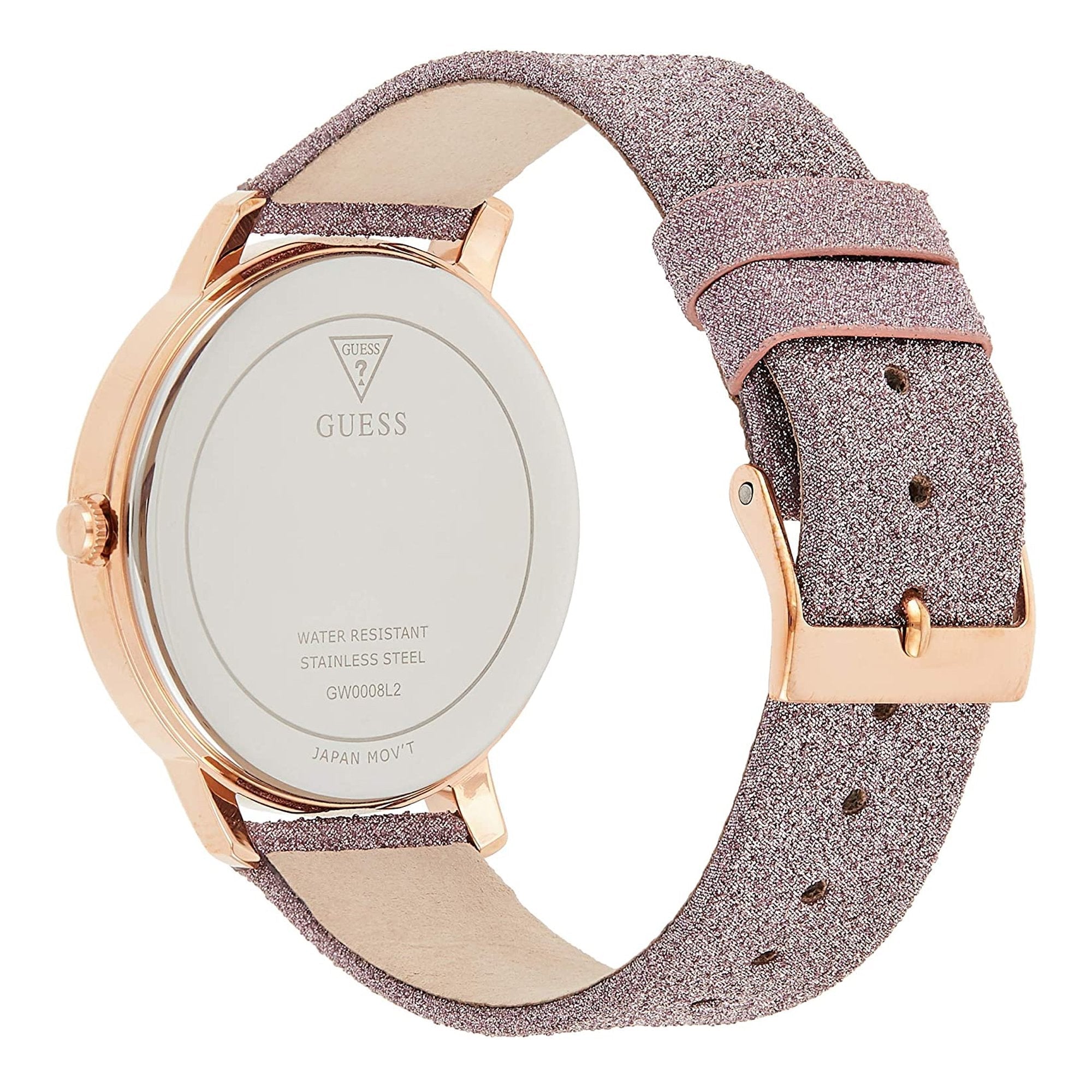 Guess Mariposa watch caseback and pink glitter strap on wrist view