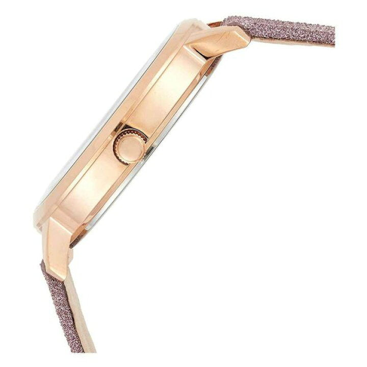 Guess Mariposa watch side profile showing rose gold case and pink glitter strap