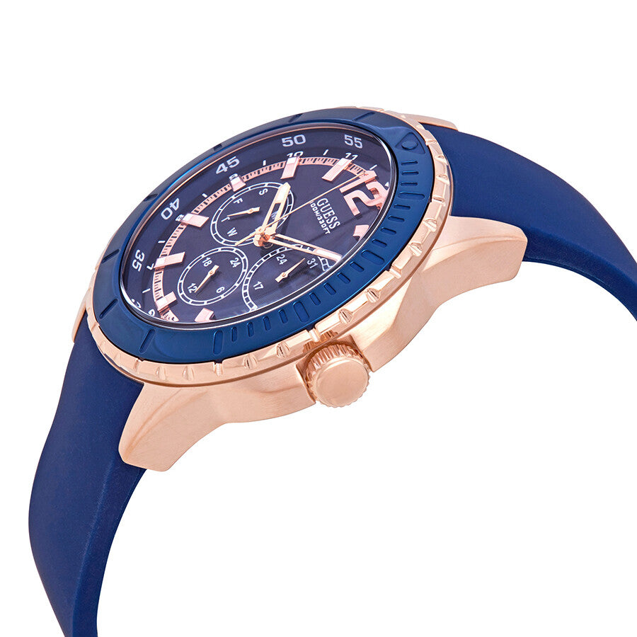 Side angle view of Guess Maverick watch showing chronograph dial and rose gold case