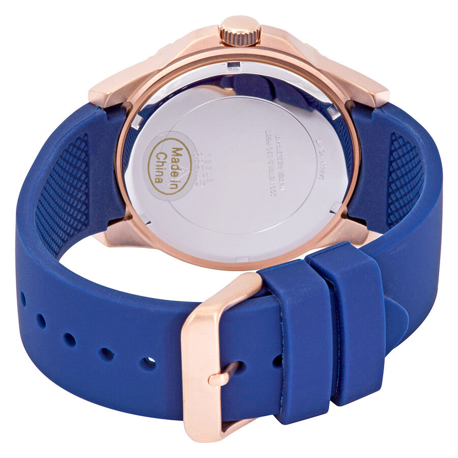 Guess Maverick caseback showing blue silicone strap and rose gold case back detail