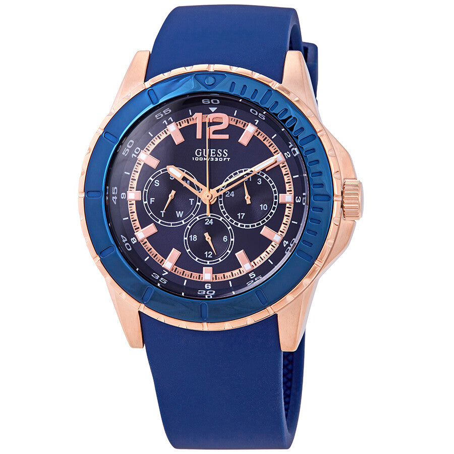Guess Maverick blue dial men's watch with rose gold case and blue silicone strap