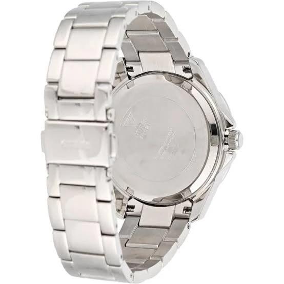 Side view of Guess Mini Phantom watch showing stainless steel three-link bracelet and case profile