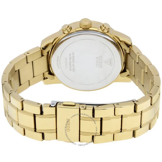 Back of all-gold Guess Mini Sunrise watch showing case back and gold bracelet