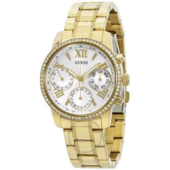 Guess Mini Sunrise all-gold ladies chronograph watch with diamond bezel and white dial