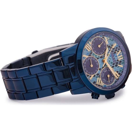 Guess Mini Sunrise watch with blue chronograph dial, three subdials and blue metal bracelet angled view