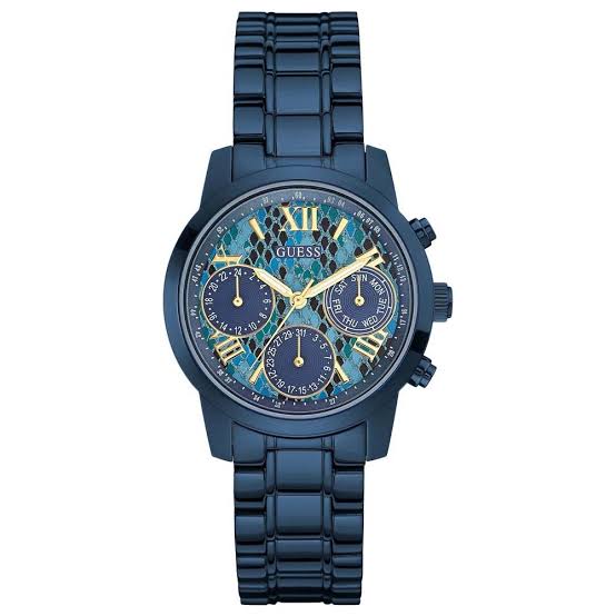 Guess Mini Sunrise ladies watch with blue dial, multi-function chronograph, Roman numerals and blue bracelet