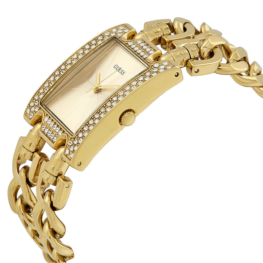 Guess MOD watch angled view showing rectangular case, crystal bezel, and chunky chain bracelet