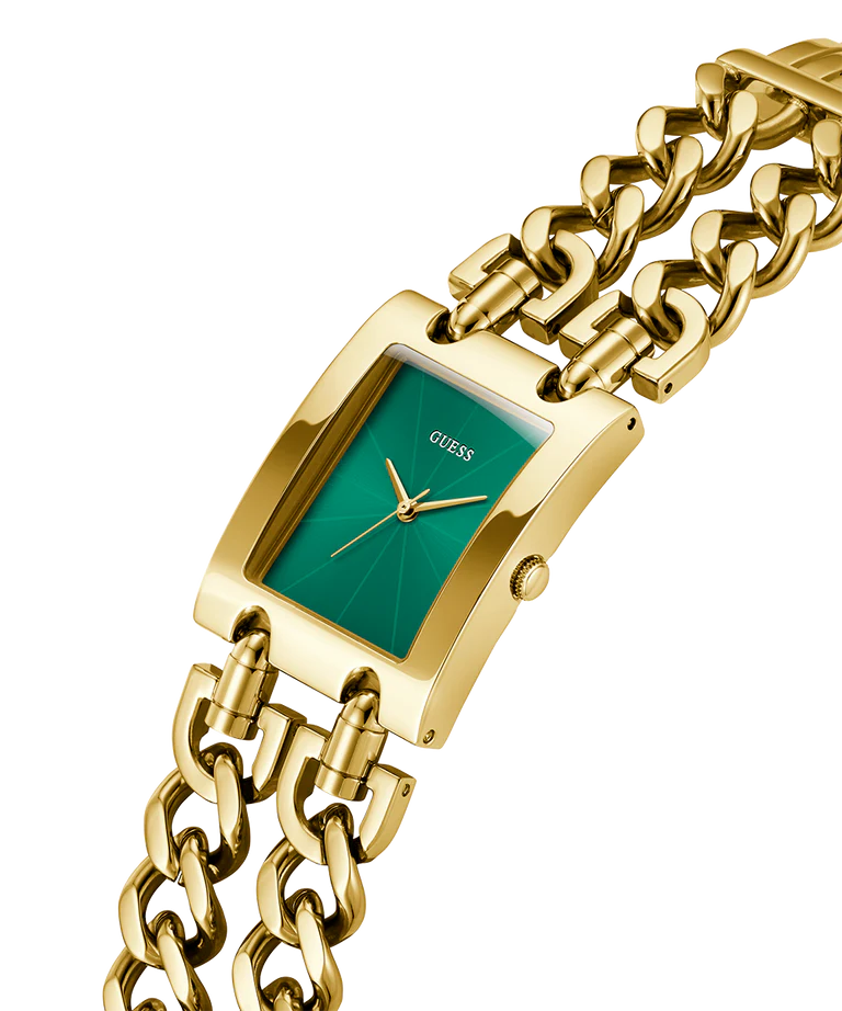 Angled view of GUESS MOD HEAVY METAL gold ladies watch with teal dial and chain bracelet