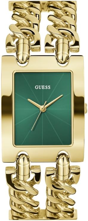 GUESS MOD HEAVY METAL gold-tone ladies watch with green dial and twisted chain link bracelet