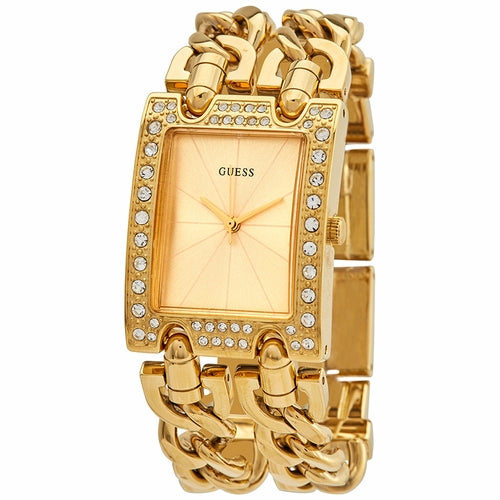 Guess Mod Heavy Metal W1121L2 with gold rectangular case, sunburst dial, and chunky double curb bracelet