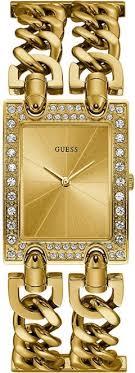 Guess Mod Heavy Metal ladies watch with rectangular gold case, crystal bezel, and double curb gold bracelet