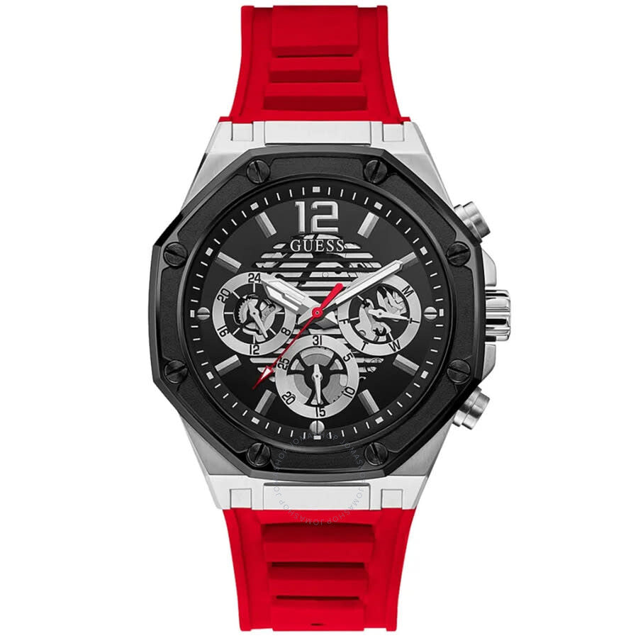 Guess Momentum men's quartz watch with black dial, chronograph subdials, red silicone strap and steel case
