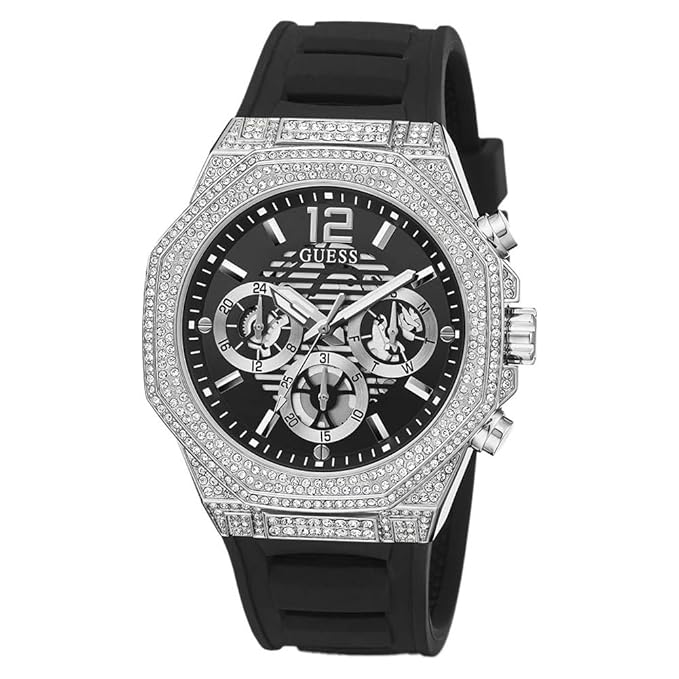 Guess Momentum watch with diamond-set bezel and chronograph subdials at angle