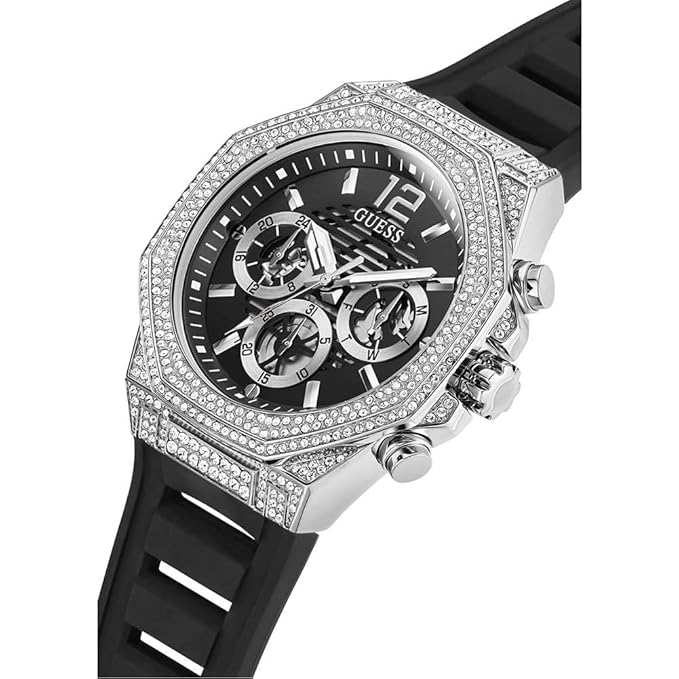 Guess Momentum chronograph watch worn on wrist with black strap