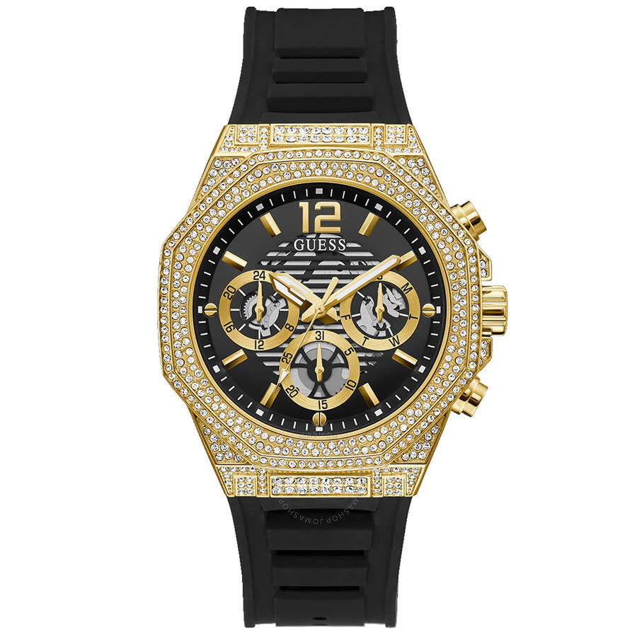 Guess Momentum black dial chronograph watch with gold tone crystal-set case and black rubber strap