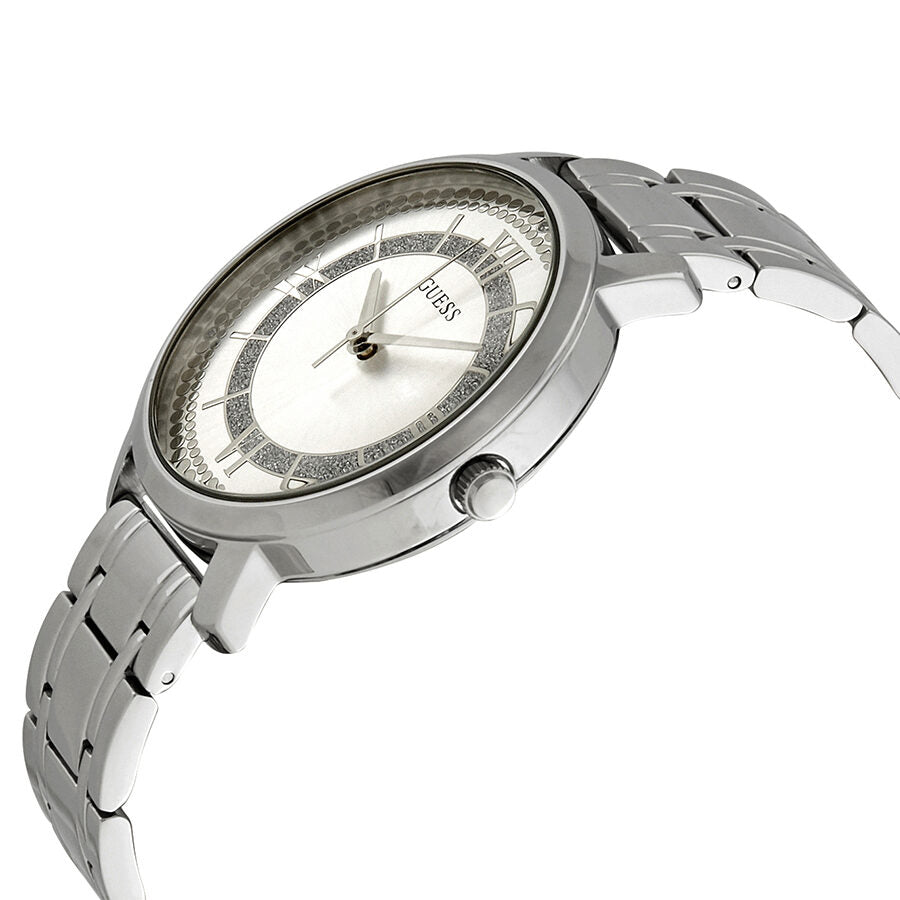 Side angle view of Guess Montauk watch with stainless steel case and bracelet