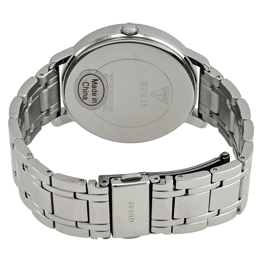 Caseback of Guess Montauk watch showing stainless steel back and bracelet