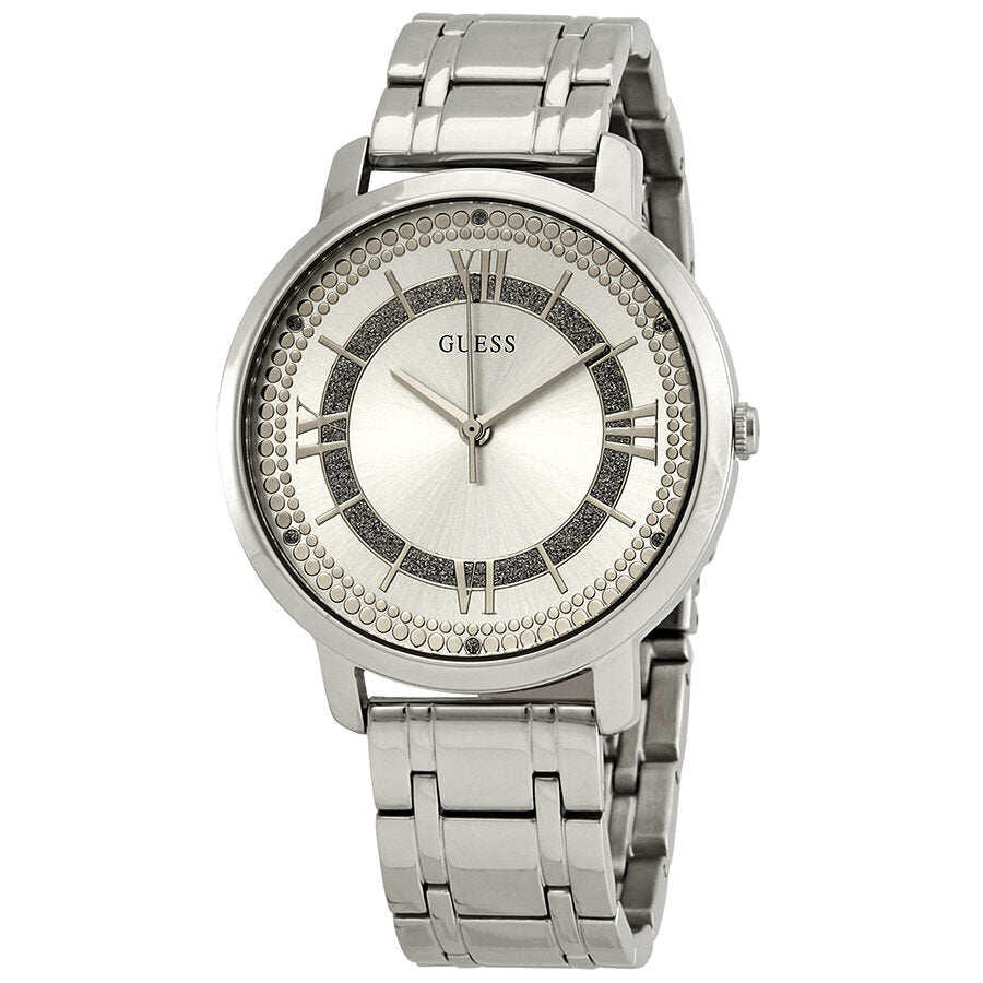 Guess Montauk ladies watch with silver dial, Roman numerals, and stainless steel bracelet