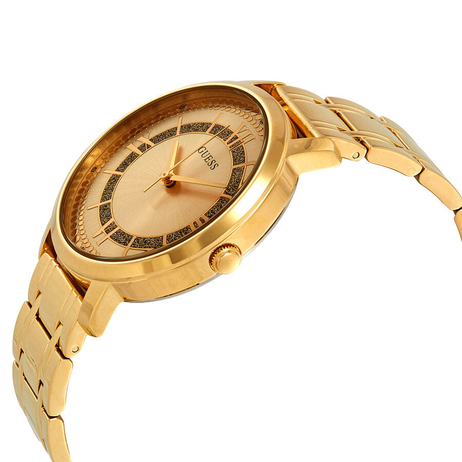 Guess Montauk watch angled view showing gold-tone case and link bracelet
