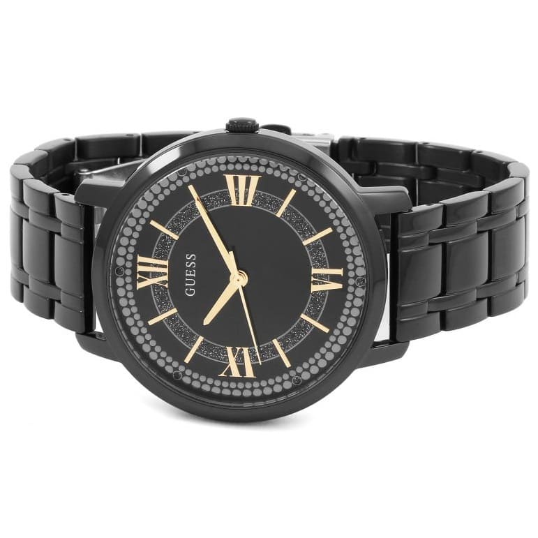 Guess Montauk black dial watch angled view with full bracelet visible
