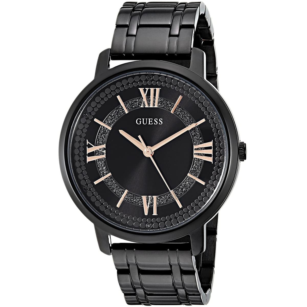 Guess Montauk black dial men's watch with rose gold Roman numerals and hands