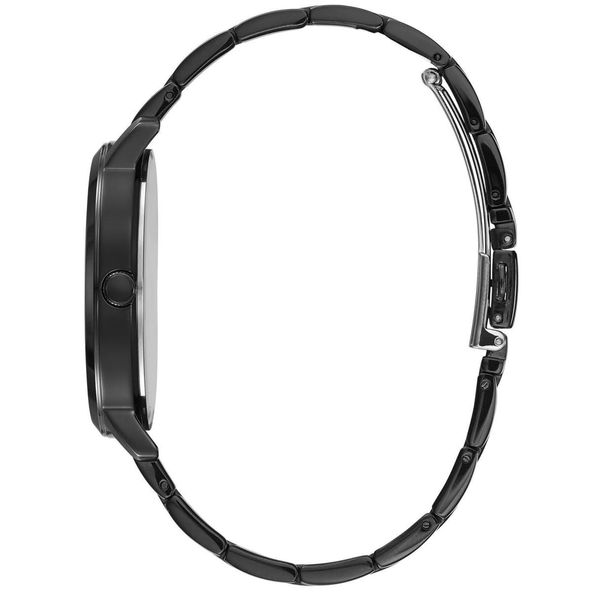 Guess Montauk men's watch side view showing black stainless steel bracelet