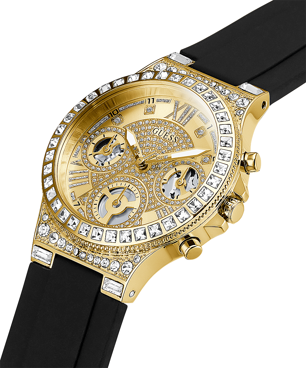 Angled view of Guess Moonlight watch showing gold case, multifunction dial, and black strap