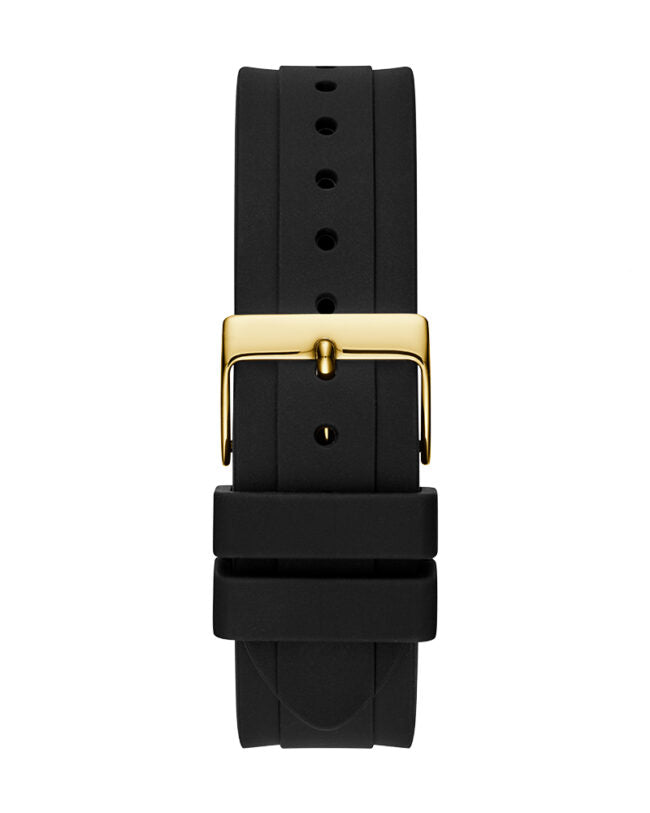 Black silicone strap with gold-tone buckle closure detail for Guess Moonlight watch