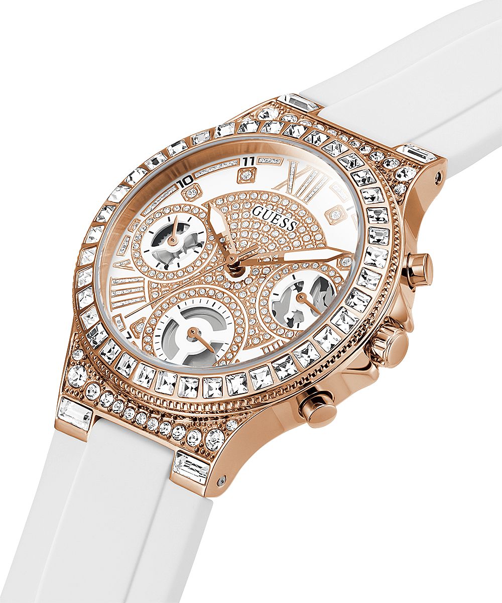Guess Moonlight watch angle view showing rose gold case, diamond bezel, and white strap
