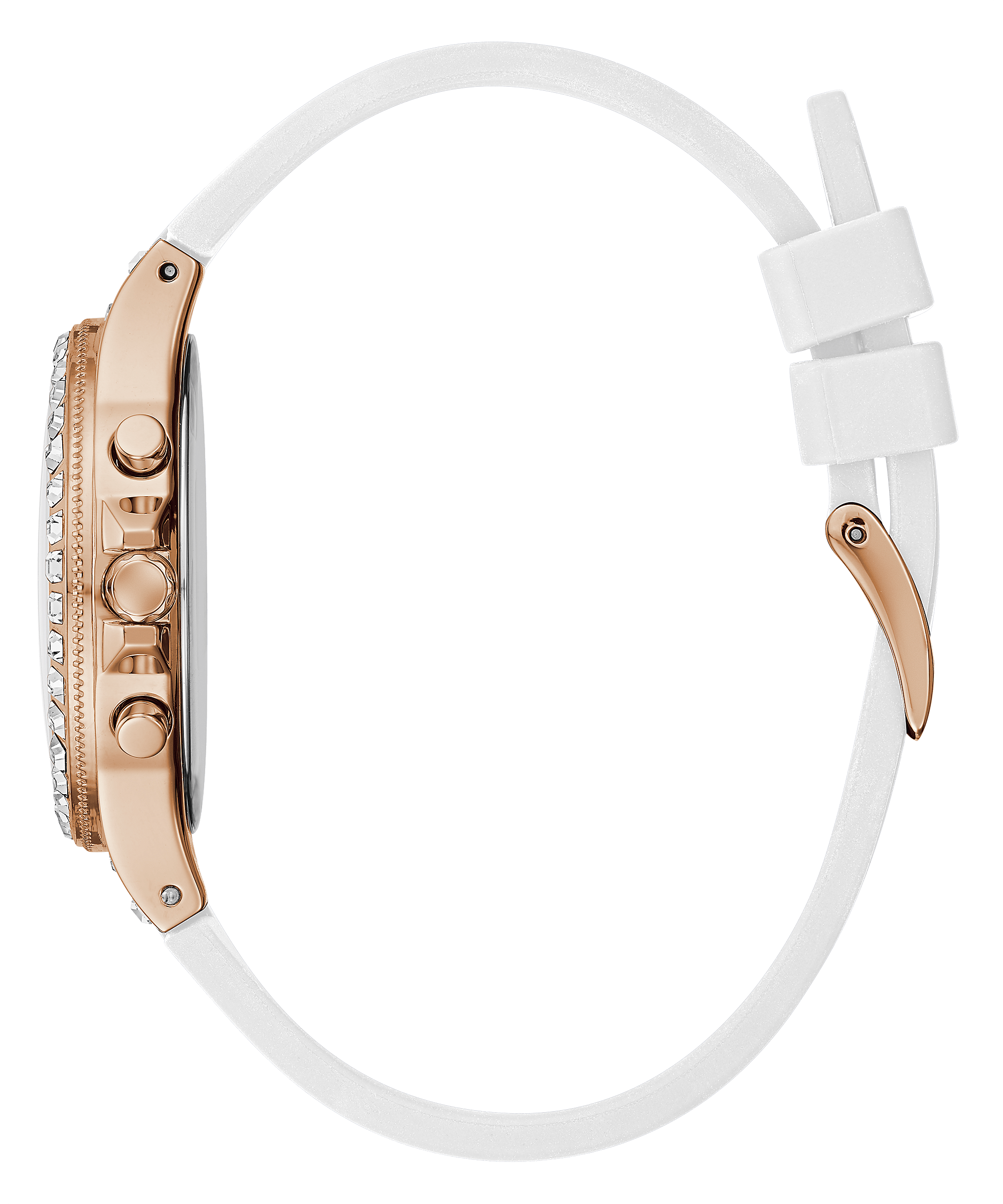 Guess Moonlight watch side profile displaying white silicone strap and rose gold case