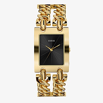 Gold tone rectangular watch face with black dial and twisted chain band